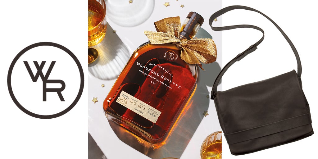 White banner with the Woodford Reserve logo followed by an aerial view of a Woodford Reserve Kentucky Straight Bourbon Whiskey bottle laying on a white counter top surrounded by gold star confetti and two cocktails, followed by a black purse.