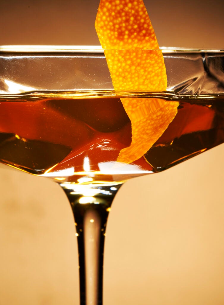 Close up of a Woodford Reserve 50/50 Manhattan cocktail